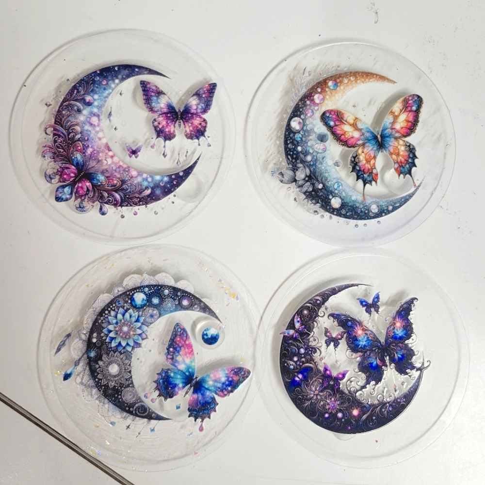 Colorful Butterfly & Moon Handmade DTF Waterproof Compact Coaster Set Rubber 👣